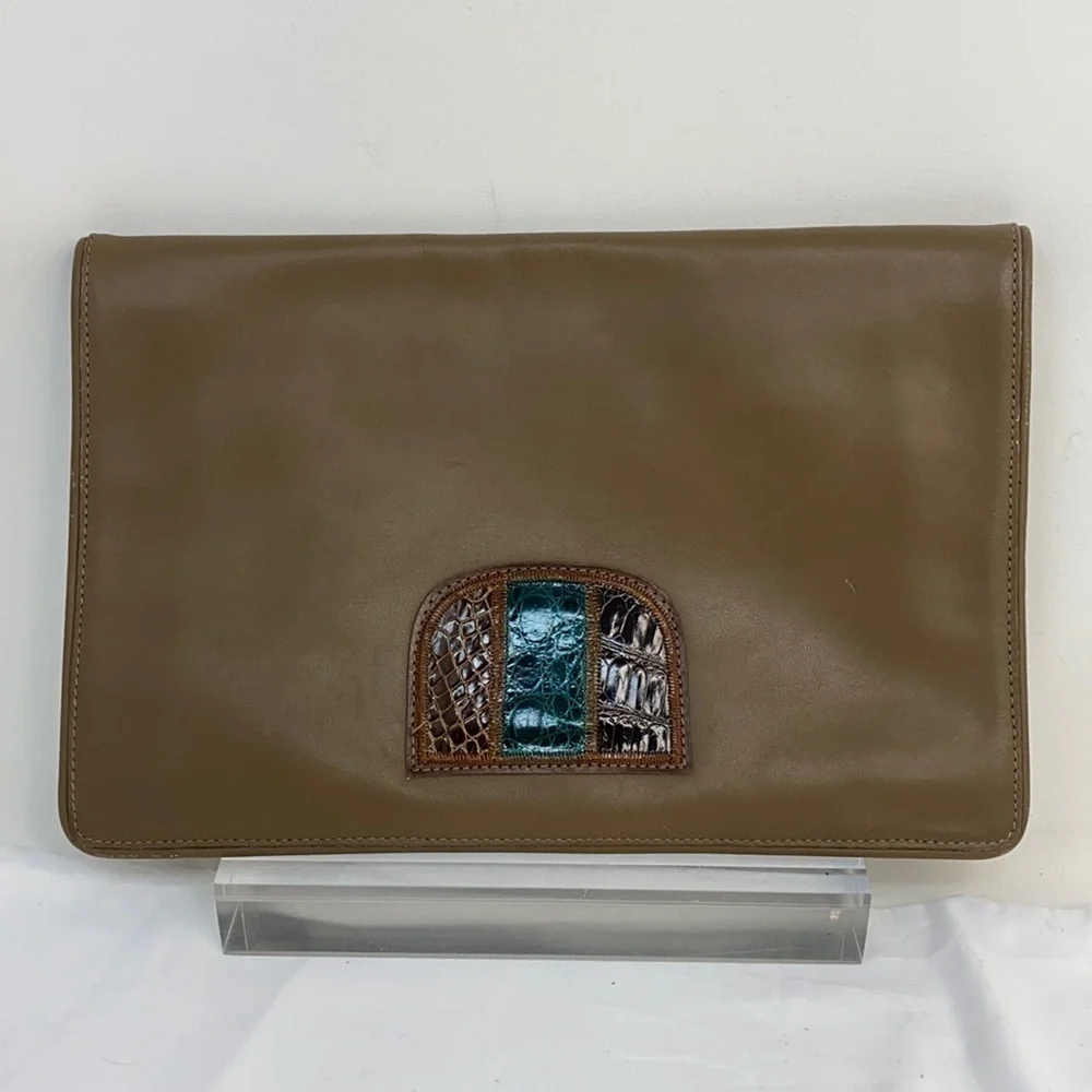 Vintage Large Taupe Brown Leather Envelope Clutch